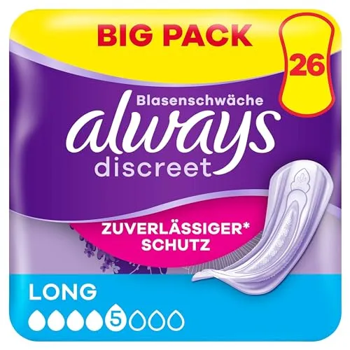 always Inkontinenzeinlagen discreet Long, 26 St. - Inkontinenzeinlagen für maximale Sicherheit und diskreten Schutz, ideal für den täglichen Gebrauch.