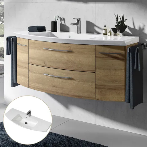 Lomadox Waschtisch CERVIA-66, 121cm mit Soft-Close-Funktion - Waschtisch Set in Riviera Eiche, inkl. hochwertigem Mineralmarmor-Waschtisch. Hohe Qualität, geräuscharmes Schließen durch Soft-Close und schnelle Lieferung. Ideal für stilvolle Badezimmer.