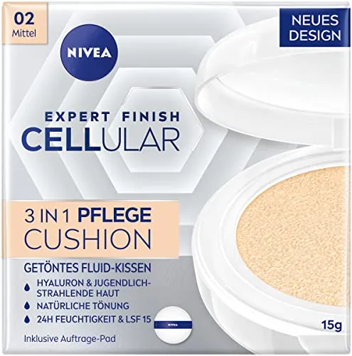 NIVEA Cellular Expert Finish 3in1 Pflege Cushion für mittlere Hauttöne - Make-up mit Hyaluron und Kollagen-Booster, bietet 24h Feuchtigkeit und sorgt für eine jugendlich-strahlende, ebenmäßige Haut.
