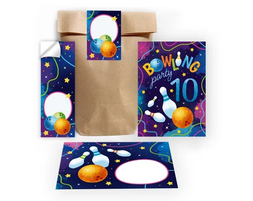 JUNAPACK Einladungskarten Bowling zum 10. Geburtstag Einladungen Karten mit Umschlägen Mitgebsel, Mitbringsel Set Bowling zum zehnten Geburtstag Gastgeschenke