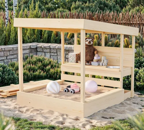 Karibu Sandkasten Max mit Dach und Matschküche - Spieltürme: Robuster Sandkasten mit schattenspendendem Dach und integrierter Matschküche für kreatives Spielen im Freien.