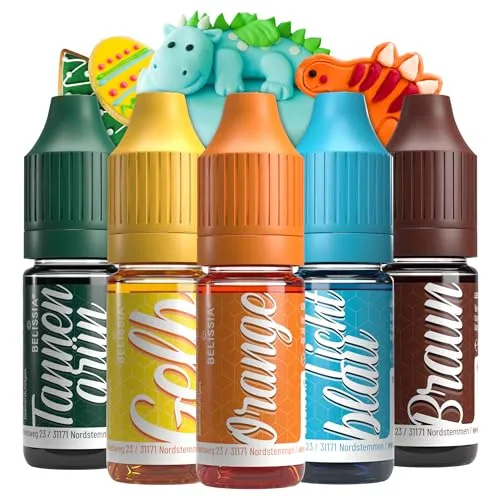 Belissia Lebensmittelfarbe Set Dino – 5x10ml flüssig & hochkonzentriert – Lebensmittelechte Speisefarbe zum Backen, Kochen, Fondant & DIY - vegan, stark färbend, geschmacksneutral
