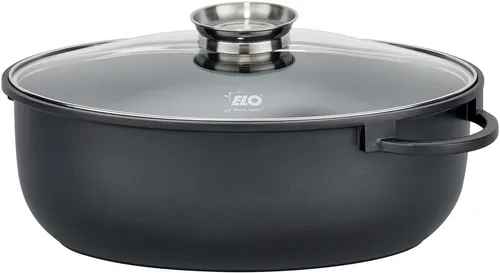 Elo Bräter "Alucast", schwarz, 7 l - Eleganter Bräter aus Aluminiumguss mit hochwertiger Antihaftversiegelung für müheloses Kochen. Ideal für alle Herdarten sorgt der Glasdeckel mit Aromaknopf für perfekte Ergebnisse.