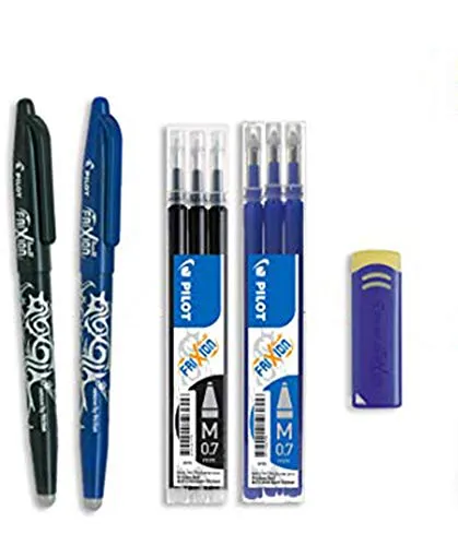 PILOT - FriXion Ball 0.7 Set - 2 Stifte, 6 Minen, 1 Radierer - Blau/Schwarz - Radierbarer Tintenroller, 0,4 mm Strichstärke - Austauschbare Mine, Angenehmes Schreibgefühl - Mittlere Spitze