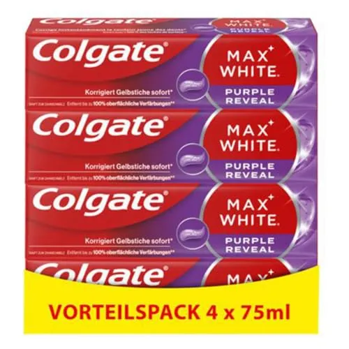 Colgate Max White Purple Reveal Zahnpasta für Aufhellung, entfernt sofort gelbe Farbe der Zähne, klinisch nachgewiesen, 4 Tuben à 75 ml.