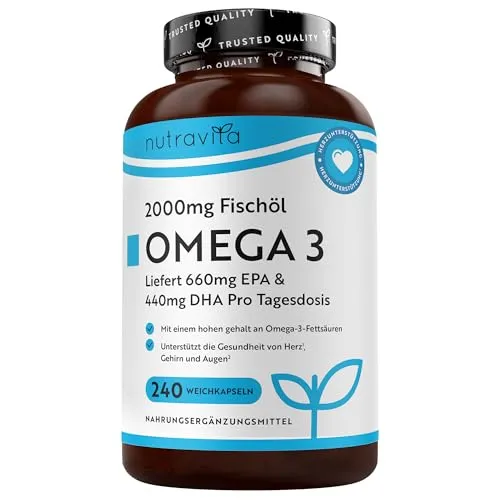 Nutravita Omega 3 Kapseln hochdosiert - 240-2000mg Fischöl mit 660mg EPA & 440mg DHA - Fischölpräparate mit reinem Fischöl aus nachhaltiger Fischerei, hochdosiert für Herz- und Gehirnfunktion, geprüft in Deutschland und glutenfrei.