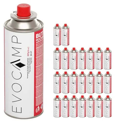 EVOCAMP 24x Stück Butan Gaskartuschen 227g Typ MSF-1a Bajonett Ventil ideal für Campingkocher, Gasheizung, Unkrautbrenner, Camping Gas Butangas Kartusche, Universaldruckgasdose für Camping und BBQ