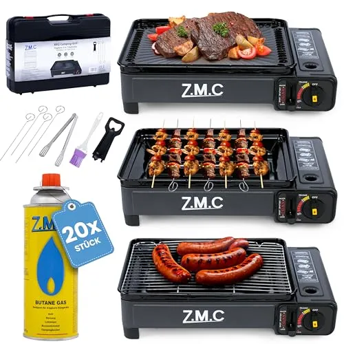 ZMC 2in1 Tragbarer Gaskocher & Gasgrill - Vielseitiger Gaskocher mit Grillplatte und Grillrost, ideal für Camping und Outdoor-Aktivitäten. Inklusive 20 Gaskartuschen und Aufbewahrungskoffer für praktische Nutzung.