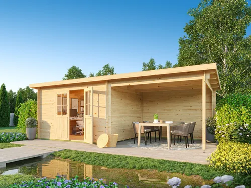 Fjordholz Pultdach Gartenhaus Modell Ezra 4J - Hochwertiges Pultdach Gartenhaus aus nordischer Fichte mit stabilen Wandbohlen. Inkl. Doppeltür und robustem Schleppdach – ideal für jeden Garten. Maßanfertigung und individuelle Farbwahl möglich.