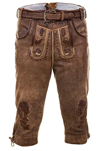 Edelnice Trachtenmode Kniebund Lederhose Thomas mit Gürtel - Traditionelle Kniebundlederhose aus weichem Kalbsleder, inklusive passendem Gürtel. Die stilvolle Stickerei und verstellbare Beinabschlüsse sorgen für perfekten Sitz und eleganten Look.