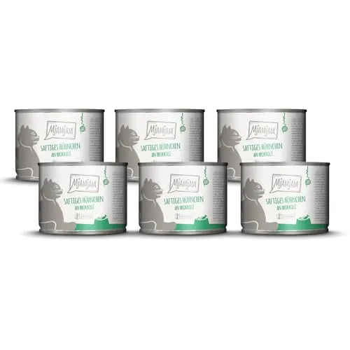 MjAMjAM - Premium Nassfutter für Katzen - saftiges Hühnchen an Brokkoli, 6er Pack (6 x 200 g), getreidefrei mit extra viel Fleisch
