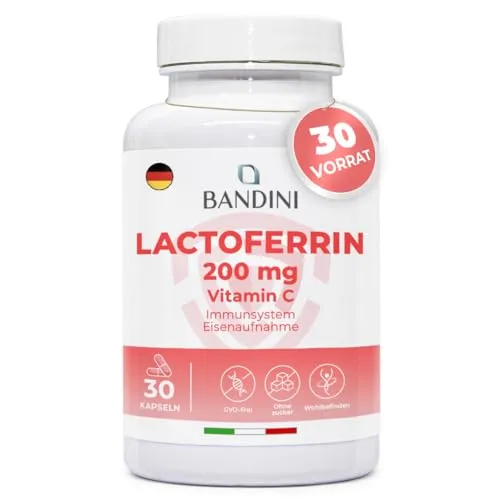 Bandini® Lactoferrin - Hochdosiertes Immun- und Eisenaufnahme-Produkt - Einzelvitamin-Präparate mit 200mg Lactoferrin und 60mg Vitamin C pro Kapsel, unterstützt die Eisenaufnahme und stärkt das Immunsystem, laborgeprüft und GVO-frei.
