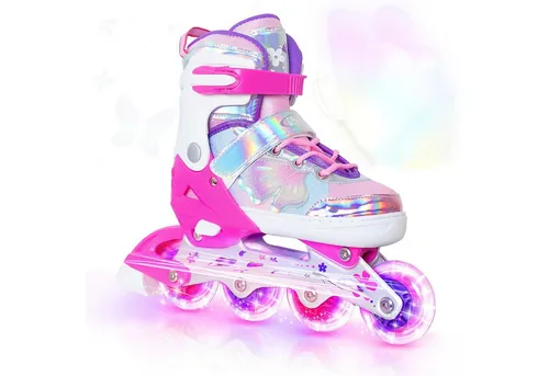 Nattork Inlineskates Kinder Inliner für Mädchen – Verstellbar in 4 Größen, Schmetterling Design - Verstellbare Inlineskates für Kinder in Größe M (32-36 EU). Ideal für Fitness und Freizeit, mit sicherem Klettverschluss und breitem Stopper für mehr Sicherheit beim Fahren.