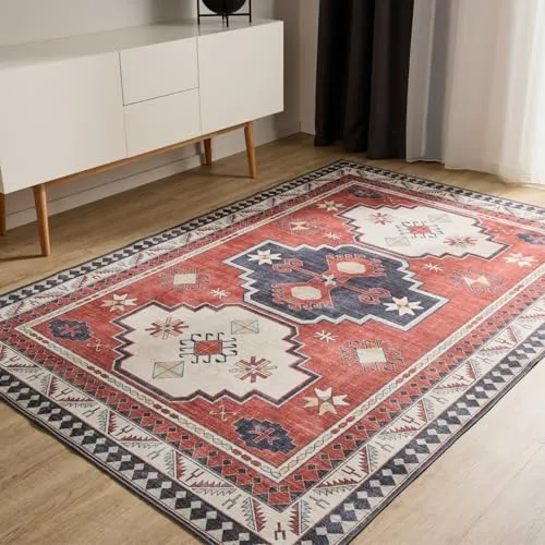 benuta Basic Waschbarer Teppich George - Multicolor/Blau 60x120 cm - Pflegeleichter Vintage-Teppich für jeden Raum - Vielseitiger Vintage-Teppich in modernem Design, ideal für Wohnzimmer oder Schlafzimmer. Mit rutschfester Rückseite für sicheren Halt und maschinenwaschbar bei 30° – perfekt für aktive Haushalte.