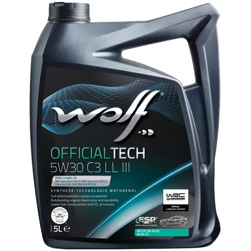 Wolf OfficialTech 5W-30 C3 LL III - Hochleistungsmotoröl für BMW, MB, VW - Motoröl der Klasse HC-Synthese mit hervorragenden Freigaben für BMW, Mercedes und VW, sorgt für optimalen Schutz und Leistung in modernen Fahrzeugen.