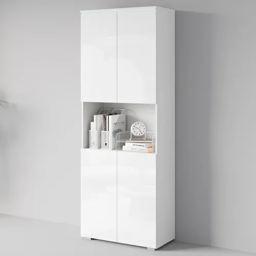 Aktenschrank HOME AFFAIRE "Vera" mit LED-Beleuchtung, weiß hochglanz - Praktischer Mehrzweckschrank mit 4 Türen und 4 Fächern. Ideal zur Aufbewahrung von Unterlagen und Büromaterialien. Mit energiesparender LED-Beleuchtung für eine stilvolle Akzentuierung.