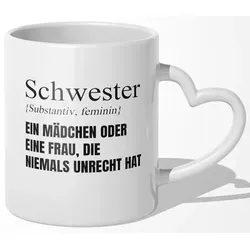 22Feels Tasse Schwester Geschenk Geburtstag Weihnachten Geschwister Mädchen Frauen, Keramik, Made In Germany, Spülmaschinenfest, Herzhenkel weiß