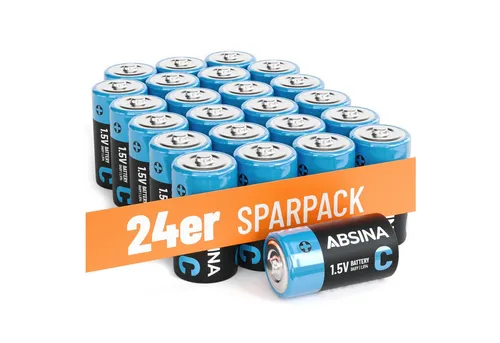 ABSINA 24x Baby C Batterien 1,5V Alkaline - 24 langlebige LR14 Batterien für zuverlässige Stromversorgung, ideal für Taschenlampen und andere Geräte.