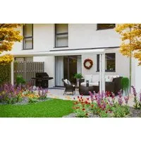 Terrassenüberdachung Genua 541 x 357 cm - Moderne Terrassenüberdachung aus pulverbeschichtetem Aluminium in Weiß mit 16 mm Polycarbonat-Doppelstegplatten für optimalen UV-Schutz und integrierter Regenrinne, ideal für stilvolle Terrassen.