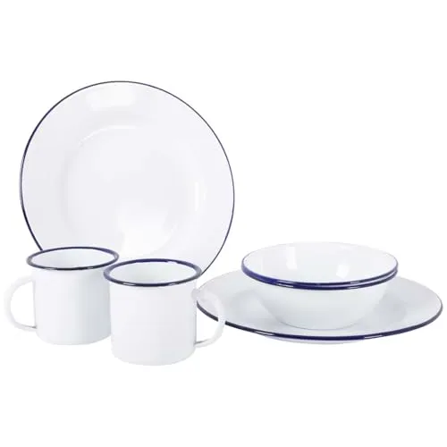 Bo-Camp Emaille Geschirr-Set 6-teilig in Weiß/Blau - Robustes 6-teiliges Geschirrset mit blauem Rand, ideal für Camping und Outdoor-Aktivitäten. Das emaillierte Material sorgt für Langlebigkeit und einfache Reinigung.