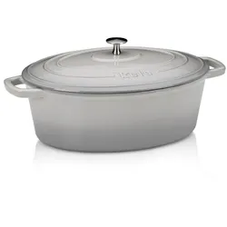 kela Bräter Gusseisen oval 6 Liter, Dutch Oven CALIDO, Induktion Gussbräter mit Deckel, Gusseisen Topf Brot backen, emailliert, hellgrau