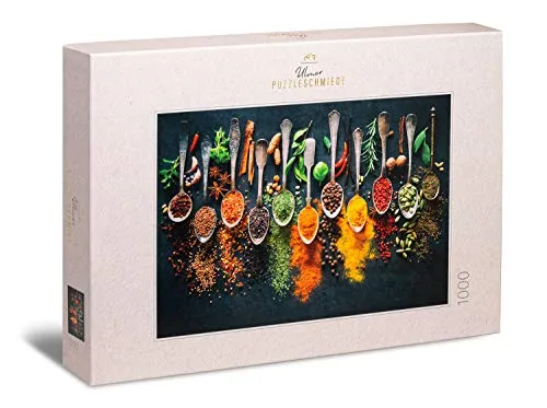 Ulmer Puzzleschmiede - Puzzle „Scharfe Farben“ – Klassisches 1000 Teile Premium-Puzzle Made in Germany - Puzzlemotiv Küche Kräuter & Gewürze