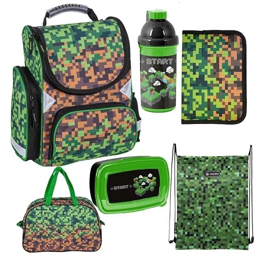 Set 6er GAME Schulranzen mit Federmappe und Turnbeutel - Minecraft Motiv - Praktisches Schulranzen-Set mit ergonomischen Schultergurten und wasserabweisendem Material. Ideal für Schule und Freizeit, inklusive isolierter Vordertasche und Lunch-Set für unterwegs.