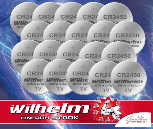 CR2450 Wilhelm Lithium Knopfzelle 3V 600mAh - Zuverlässige Lithium Knopfzelle für vielseitige Anwendungen. Lange Lagerbeständigkeit von bis zu 5 Jahren und hohe Kapazität von 600 mAh. Ideal für Fotogeräte, Uhren und mehr.