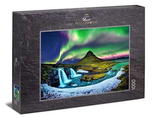 Ulmer Puzzleschmiede - Puzzle „Berg & Licht“ – Klassisches 1000 Teile Puzzle – Puzzlemotiv der Polarlichter über dem berühmten Kirkjufell-Berg - Landschaft unter Nordlichtern in Island