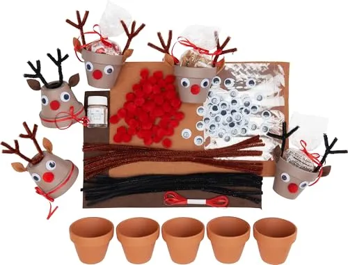 VBS Bastelset Tontopf Elche - Kreativset für DIY-Projekte - 5-teiliges Bastelset aus Terrakotta und Filz für kreative Projekte. Ideal für Bastelstunden mit Kindern und zur individuellen Gestaltung von Tontöpfen.
