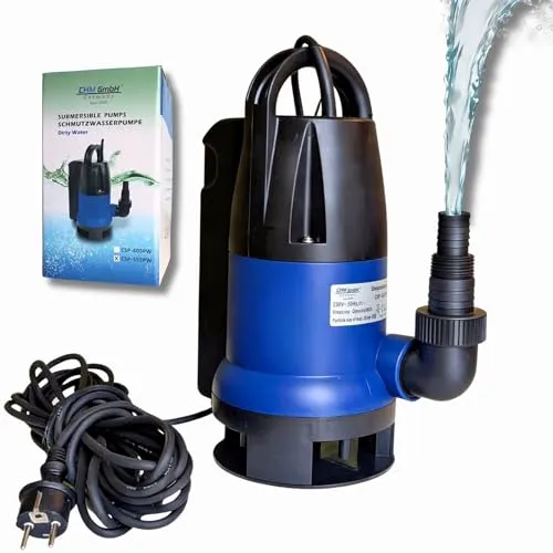 CHM GmbH® Schmutzwasserpumpe 550 Watt - Leistungsstark und Zuverlässig - Wasserpumpen für effiziente Schmutzwasserentsorgung, fördert bis zu 10000 L/h und hat eine Förderhöhe von 7m. Ideal für Schächte mit Partikeln bis 35 mm.