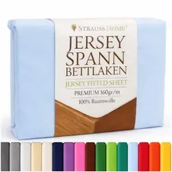 Strauss Home Spannbettlaken Premium 160 g/m2 Gekämmte Baumwolle Jersey in Hotelqualität, Gummizug: Rundumgummi, OEKO-TEX®-zertifiziert - Hotelqualität – Formstabil & Langlebig blau 140x220-160x220cm cm