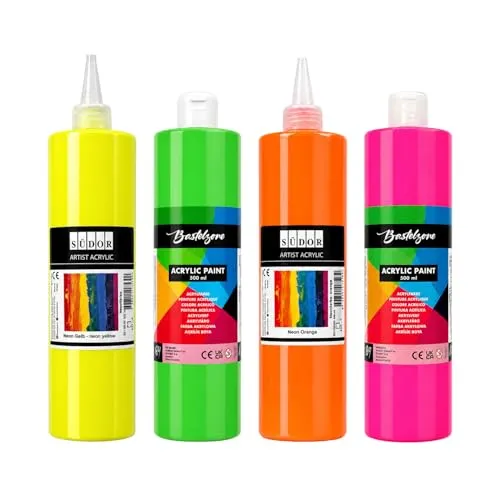 SÜDOR Neon-Acrylfarben-Set – 4 x 500 ml – Fluoreszierende Acrylfarben für Acryl-Pouring, Leinwand, Holz, Stein & Papier – Neon Pink, Grün, Gelb, Orange (NEON SET)