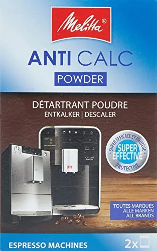 Melitta Anti Calc Reinigungspulver – Entkalker für Kaffeevollautomaten & Kaffeemaschinen, effektive Kalkentfernung, 2 x 40g Beutel