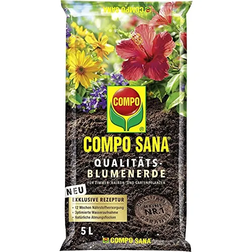 Compo SANA Qualitäts-Blumenerde 5L - Gebrauchsfertige Blumenerde mit Dünger für starke Zimmer- und Gartenpflanzen. Ideal für Innenbereich, Balkon und Gewächshaus, sorgt für optimale Nährstoffversorgung und gesunde Pflanzen.