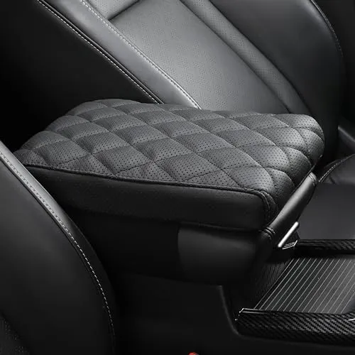 POKSRI Armlehnen Polster Auto echtem Rindsleder, schwarzes mittelkonsole auto Box Matte,Fahrzeug Armlehnenkissen Schutz,Memory Foam echtes Rindsleder, Konsolen-Handauflagekissen(sizeB 35.5x20x4.5cm)