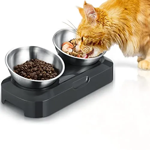 PewinGo Katzennapf-15°Kipphals-Schutzschale Edelstahl Lebensmittelqualität, Maschinenwaschbar,rutschfeste Silikonbasis,für Haustiere Katzen und Welpen
