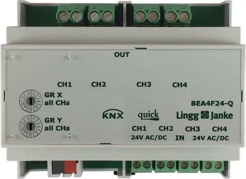 Lingg&Janke KNX Binär Ein/Ausgang BEA4F24-Q - SPS-Ein-/Ausgangsmodule, 4-fach 24V AC/DC, ideal für die intelligente Gebäudeautomation mit KNX-Systemen.