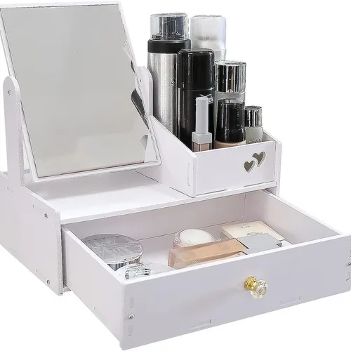 Kosmetik Organizer Weiß mit Drehbarem Spiegel - Schminktische: Eleganter Kosmetik Organizer mit viereckigem, drehbarem Spiegel und praktischen Schubladen für optimalen Stauraum.