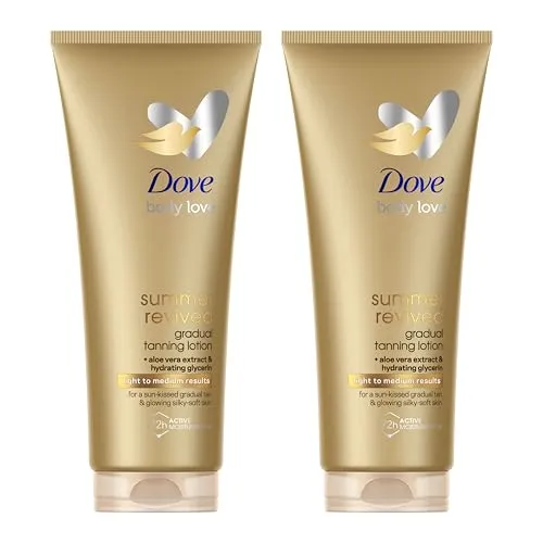 Dove Selbstbräunungslotion Summer Revived für Mittlere und Dunkle Hauttypen, 2x 200ml - Die Dove Selbstbräunungslotion sorgt für eine modulare Bräune und ein natürliches Finish. Ideal für alle Hauttypen, bietet sie bis zu 72 Stunden Feuchtigkeit und eine angenehme Anwendung für einen strahlenden Teint.