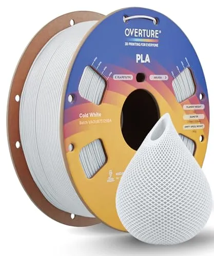 OVERTURE Filament PLA 1.75mm Verbessert, Rapid 3D Drucker PLA Filament Hohe Geschwindigkeit 1kg Spule (2.2 LBS), Maßgenauigkeit ± 0.02mm für die Meisten FDM 3D Drucker (Kaltes Weiß)