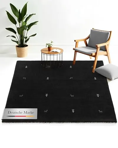 carpetfine Wollteppich Gabbeh Uni Quadratisch Schwarz 120x120 cm - Hochwertiger Wollteppich für Wohn- und Schlafzimmer. Langlebig und pflegeleicht, ideal für Fußbodenheizung. Verleiht jedem Raum eine behagliche Atmosphäre.