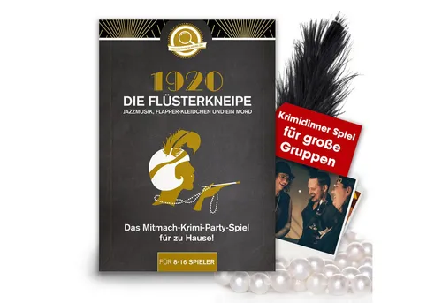 Mitmach-Krimi Spiel Krimi-Party 1920 - Die Flüsterkneipe für 8-16 Spieler - Erlebe spannende Krimiabende mit diesem Partyspiel für 8-16 Spieler. Ideal für Gruppen ab 16 Jahren. Perfekt für unvergessliche Spieleabende!