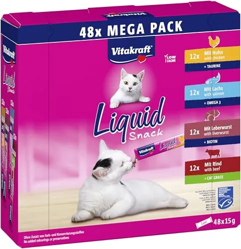 Vitakraft Liquid Snack Big Pack 48x15 g - Katzenfutter - Mega Pack mit 48 Stück in 4 köstlichen Geschmacksrichtungen, ideal als Snack oder Futtertopping, ohne Zuckerzusatz und künstliche Aromen.