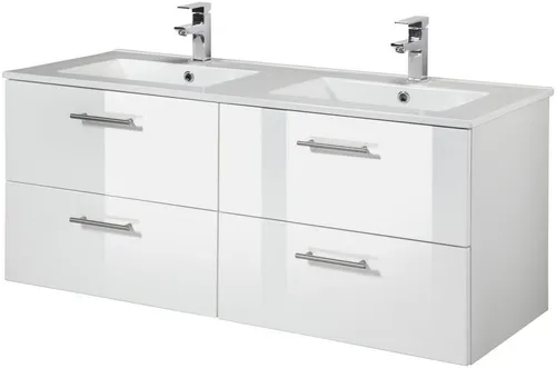 welltime Doppelwaschtisch Trento 120 cm - Waschtische mit 2 eleganten Doppel-Waschbecken, moderne Hochglanz-Oberfläche und pflegeleichtes Design für ein stilvolles Badezimmer.
