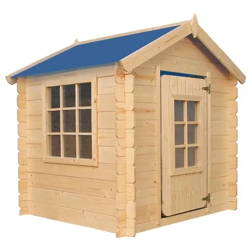 Timbela M570M-1 Kinderspielhaus aus Holz - 111x113xH121 cm, ideales Gartenspielhaus für Kinder mit blauem Dach und einfacher Montage