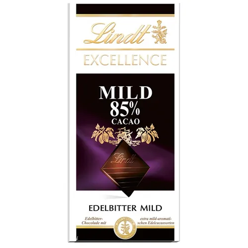 Lindt Excellence Edelbitter Mild 85% Cacao - Tafelschokolade mit 85% Kakaoanteil, besonders mild im Geschmack und ideal für Schokoladenliebhaber, die das Bittere schätzen.