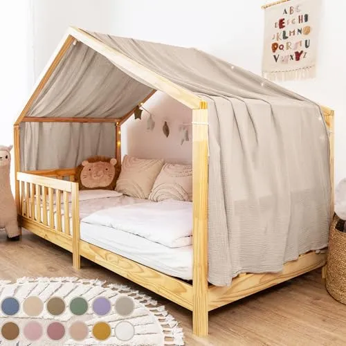 lilimaus Hausbett Himmel - 100% Baumwolle Musselin - Baby Betthimmel & Himmelstangen - Handgenähter Himmel aus weichem Musselin für eine gemütliche Kuschelatmosphäre im Kinderzimmer, in 12 Farben erhältlich.
