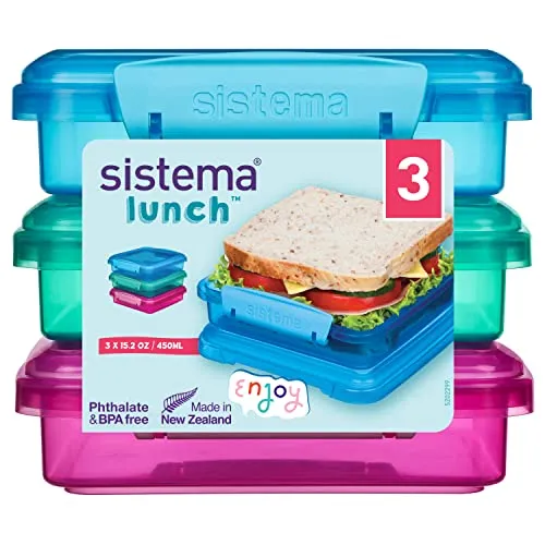 Sistema 450ml Sandwich Box 3 Pack - Bunte Lunch-Boxen - Praktische 3er-Pack Sandwich Boxen aus der Sistema® Lunch Reihe, BPA-frei, stapelbar und ideal für frische Snacks unterwegs.