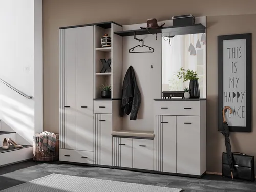 ASM-Möbel Garderoben-Set HUGO IV mit Sitzbank und Spiegel - Praktische Flurgarderobe in Beige mit Sitzbank und Spiegel. Ideal für einen organisierten Eingangsbereich, einfache Selbstmontage inklusive Anleitung und 2 Jahre Herstellergarantie.